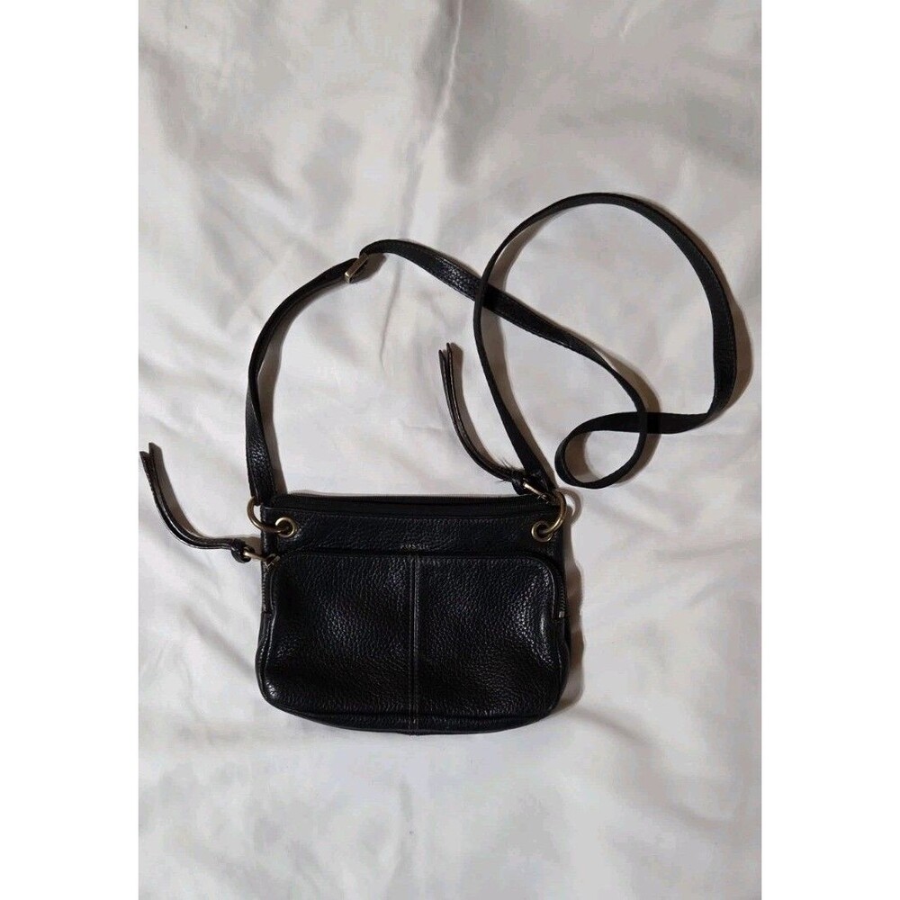 Fossil Erin Top Zip CrossBody Bag Black Pebbled Genuine Leather Messenger